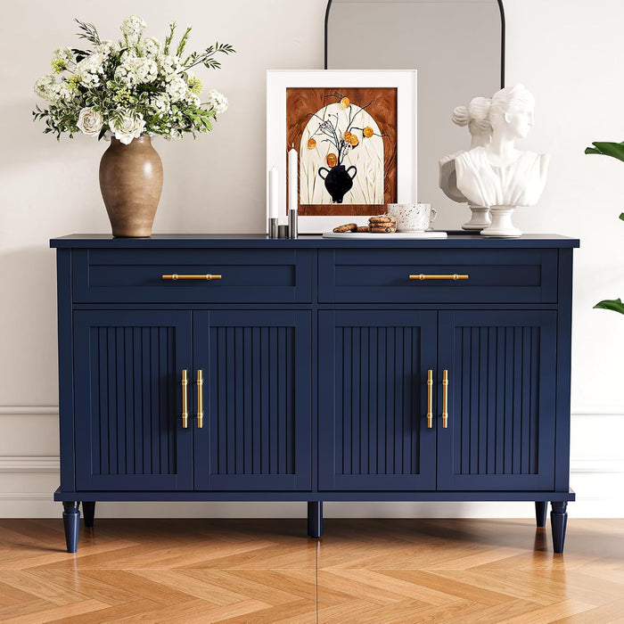 58 Inch Sideboard Buffet Cabinet with Storage, Fluted Buffet Storage Cabinet with 2 Drawers and 4 Doors, Modern Coffee Bar with Adjustable Shelves for Living Room, Kitchen (Blue)