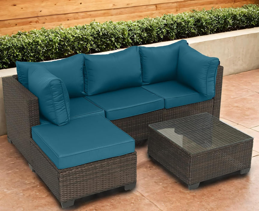 Patio Furniture Sets Outdoor Furniture Wicker Patio Conversation Set Outdoor Sectional for Backyard Lawn Poolside W Cushions and Glass Table (Brown-Peacock Blue, Z-5Pcs)