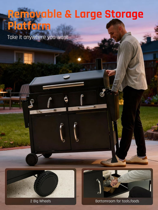 Charcoal Grills BBQ Grill,36 in Large Smoker Grill with Dual-Zone Lifting Trays,Portable Charcoal Grill with Foldable Side Tables,Large Outdoor Grill for Camping,Bbq,Party,Picnic