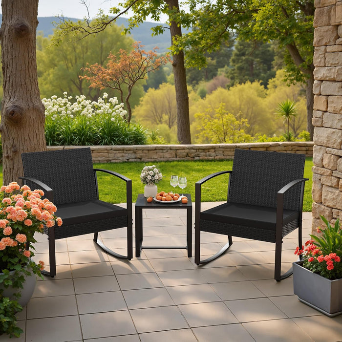 Patio Furniture Set 3 Piece Resin Outdoor Bistro Set Rocking Patio Chairs with Cushions and Table for Porch, Poolside, Balcony and Yard (Black)