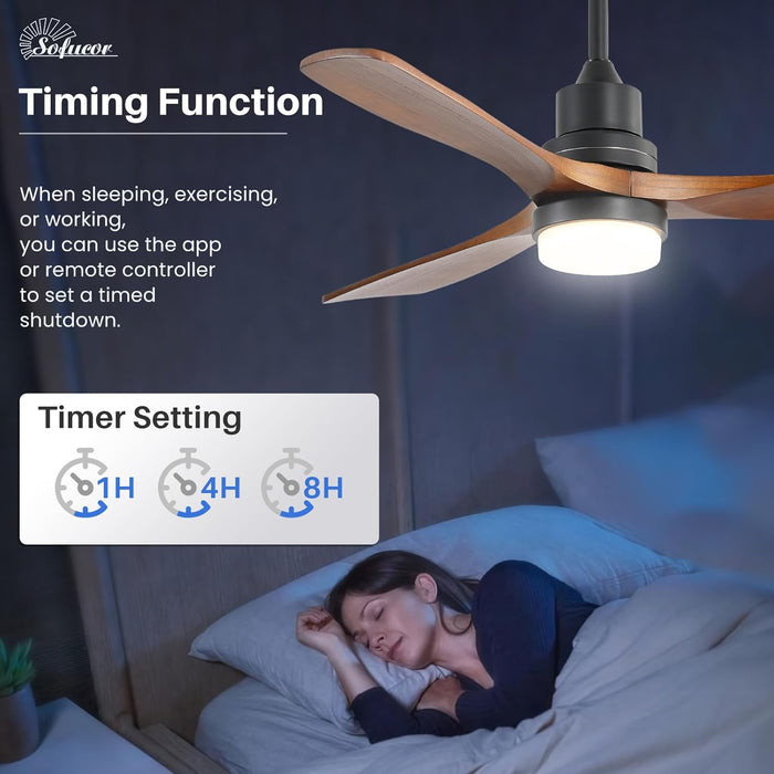 52 Inch Solid Wood Ceiling Fans with Lights, Low Profile Ceiling Fan with Light and Remote, 3 Downrod, Reversible DC Motor, Indoor/Outdoor 3 Blade Ceiling Fan Light for Bedroom Farmhouse Patio