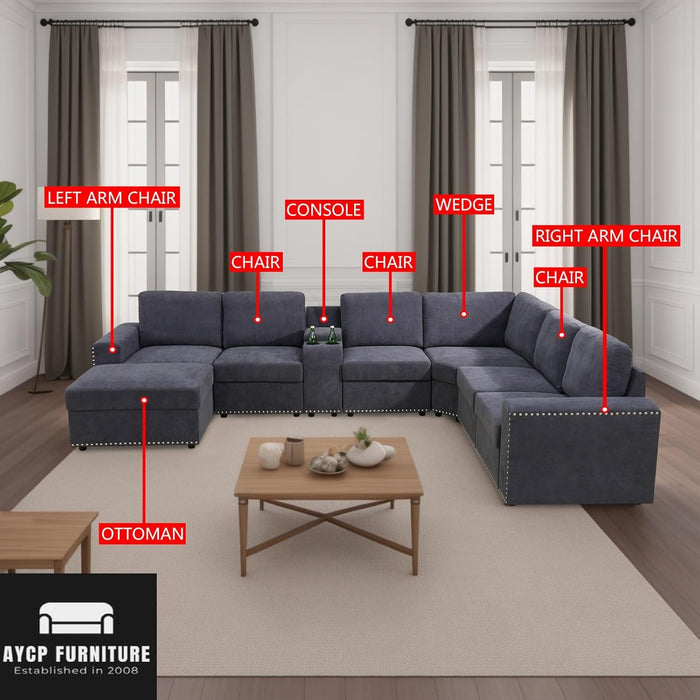 Flannel Modular Sectional Sofa Set, U/L Shape Convertible, Console with USB Charging Ports and Power Sockets for Living Room/House/Bedroom/Office/Apartment (Grey, Oversize with Ottoman), F599X