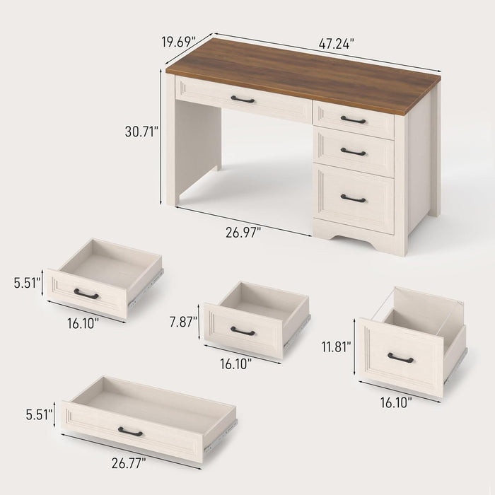 Farmhouse Executive Desk with Drawers, Home Office Desk with File Drawer, Wood Computer Desk with Ample Storage, Rustic Office Desk with Spacious Tabletop for Work, White