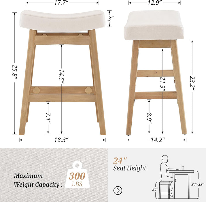 Bar Stools Set of 4, Barstools with Sturdy Wood Legs, Saddle Seat Counter Height Bar Stools for Kitchen Counter, Bar, Dining, 24 Inch Farmhouse Counter Stools, Beige Fabric