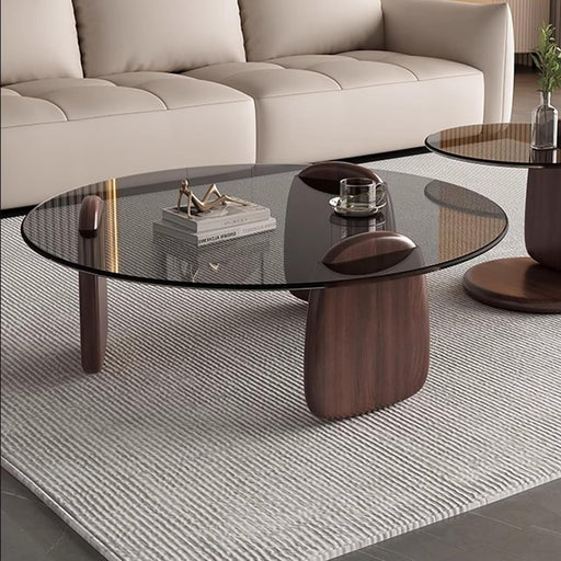 Modern round Coffee Table with Glass Top, 32.68" D X 22.44" W X 15.75" H, Circular Tea Tables for Living Room Home Office Industrial Cocktail Tables (Walunt-Grey Glass/35.43")