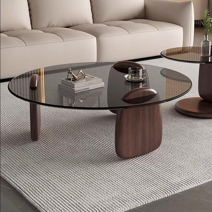 Modern round Coffee Table with Glass Top, 32.68" D X 22.44" W X 15.75" H, Circular Tea Tables for Living Room Home Office Industrial Cocktail Tables (Walunt-Grey Glass/35.43")