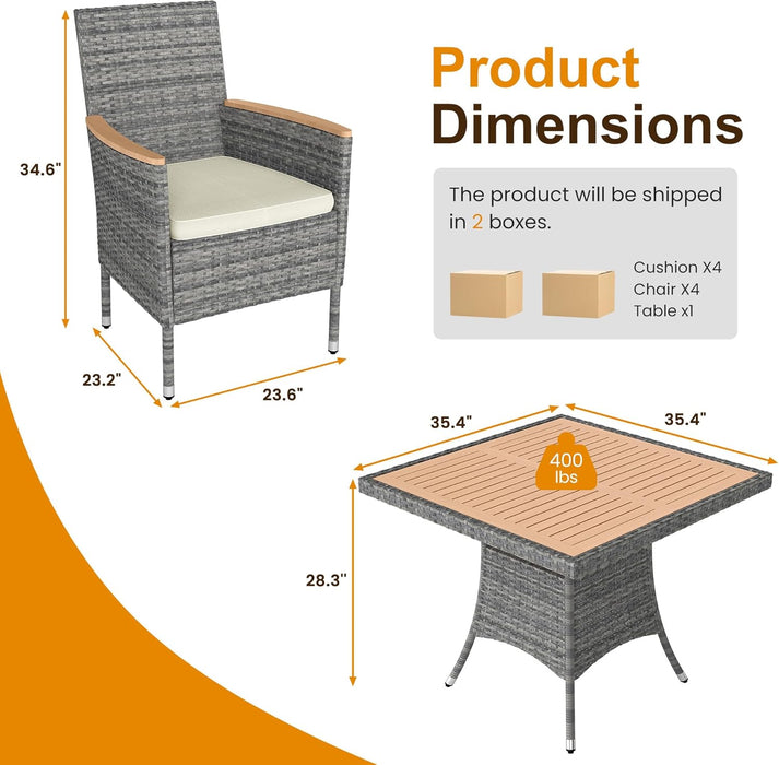 Patio Dining Sets for 4, All Weather Rattan Outdoor Table and Chairs with Acacia Wood Tabletop, Patio Dining Furniture with Removable Cushions for Deck Garden, Backyard, Gray