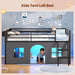 Low Loft Bed Twin Size with Tent, 5 Storage Drawers, LED Lights, Metal Kids Loft Bed with Bookcase & Under-Bed Play Space,Twin Loft Beds with 13.8''H Safety Guardrail,Inclined Ladder, Black