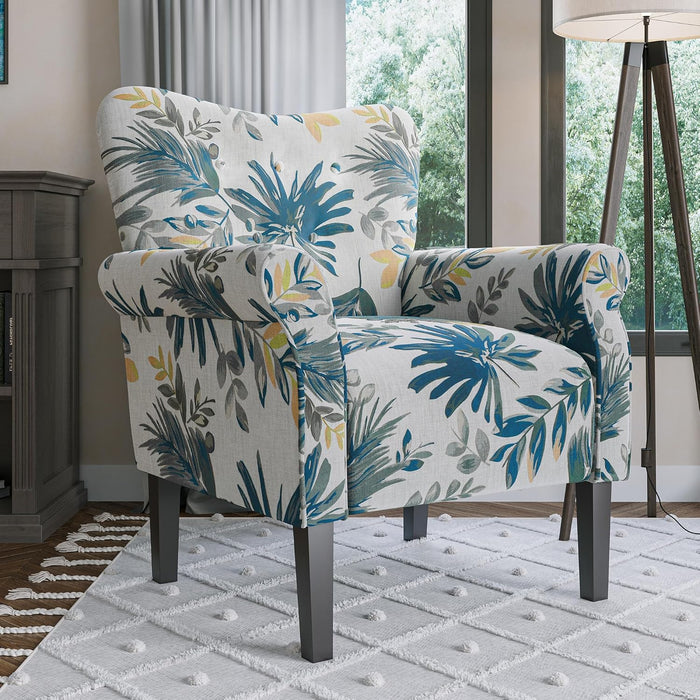 Modern Accent Chair, High Back Armchair, Upholstered Wingback Side Chair, Padded Single Sofa with Wooden Legs for Living Room, Bedroom - Green Blue Floral