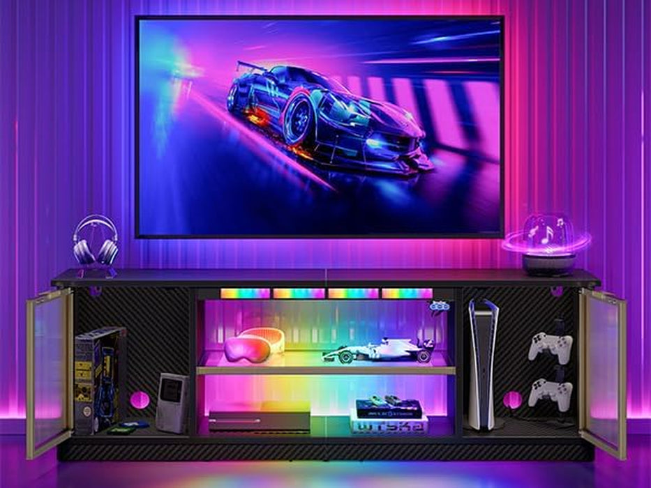 Gaming TV Stand with Music Sync Light, Flow Vibe Entertainment Center with Storage for PS5 Xbox, RGB LED Party Modes Television Stands for 50/55/60/65 Inch TV (Black 3D Carbon Fiber, 57 Inch)