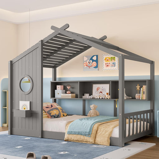 Grey Twin Floor Playhouse BedFrame With StorageShelves