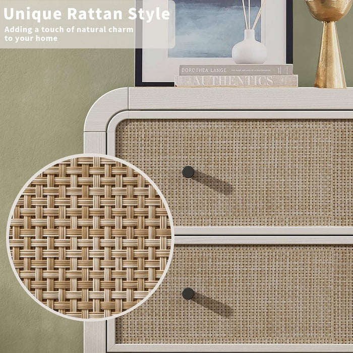5 Drawer Tall Dresser for Bedroom, 47'' Rattan Dresser with Ample Storage, Boho Chest of Drawers, Thickened Curved Profile Design, Oak Dressers for Bedroom, Living Room