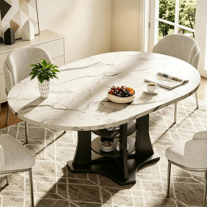 Extendable Dining Table Marble for 4–6 (White Marble) | White Faux Marble Dining Table, Modern Marble Kitchen Table, round Dining Table for Kitchen, Living Room, Dining Room ﻿