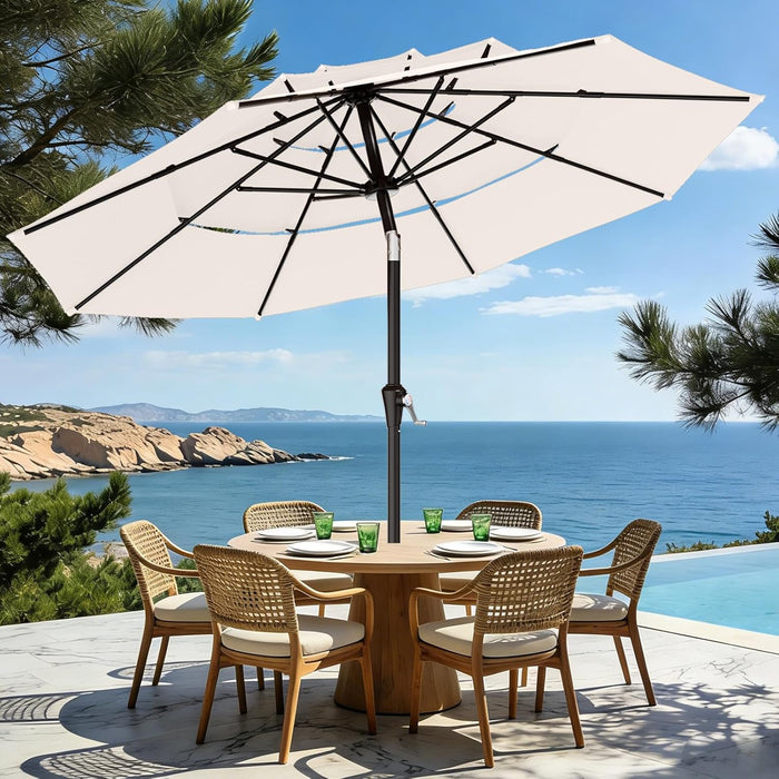 9Ft 3-Tier Patio Umbrellas, Outdoor Umbrella with 8 Sturdy Ribs UV Protection Windproof, Market Table Umbrella W/Push Button Tilt & Crank for Pool, Porch, Deck, Garden(Cream White)