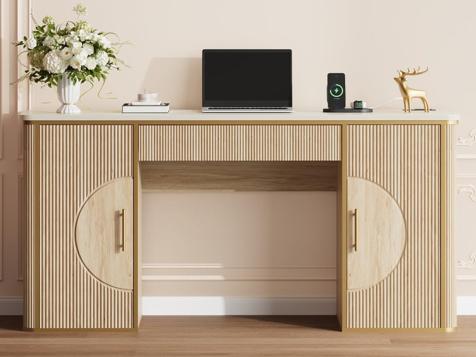 60" Fluted Computer Desk, Wooden Long Home Office Writing Desk with Drawer & Storage Cabinet, Modern Writing Table with Charging Station, High Executive Desk for Office，Bedroom, Nature Oak