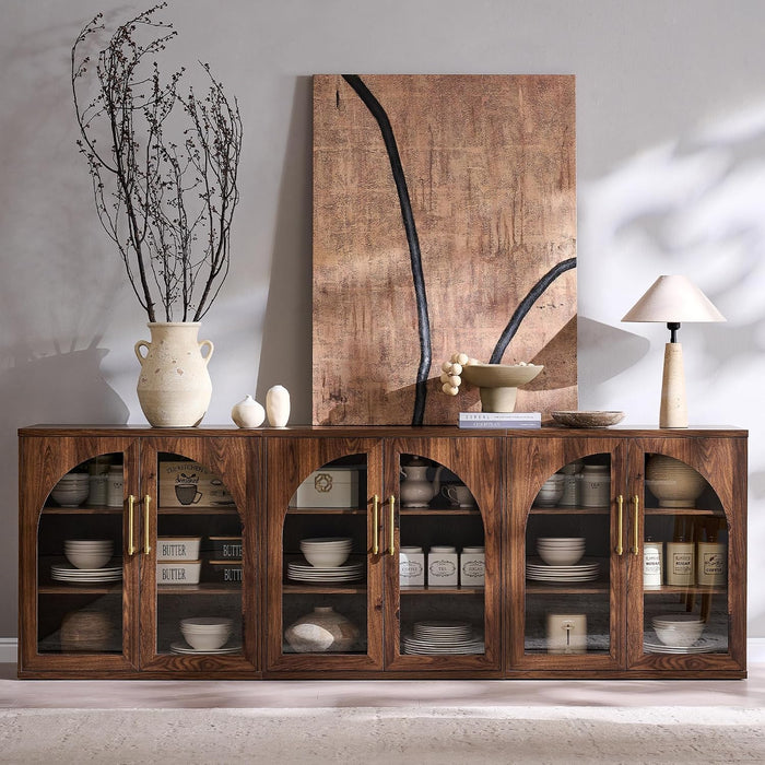 Glass Arched Door Sideboard Buffet Cabinet Set of 2, Brown | Modular, Multi-Compartment Storage, Adjustable Shelf, Soft Close Hinges, Freestanding, for Dining Room, Living Room
