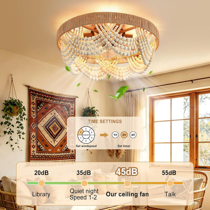 Boho Ceiling Fans with Lights: 20 Inch Wood Beaded Flush Mount Fandelier with Remote and Timer Control - Elegant Vintage Caged Ceiling Fan - Indoor Quiet 6 Speeds for Bedroom, Living Room