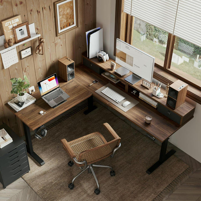 63 X 55 INCH L Shaped Electric Standing Desk with 2 Drawers, Ergonomic Adjustable Height Desk with Storage, Corner Desk Sit Stand up Computer Table for Work Office Home, Dark Wlalnut