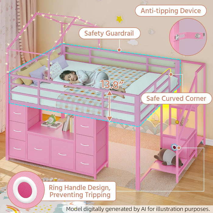 Pink Full Size LoftBed With Integrated Illumination