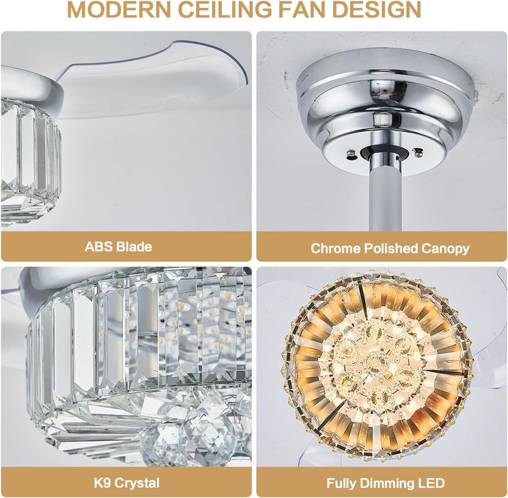 30" Chandelier Ceiling Fan with Light Crystal Modern Fandelier Reversible Ceiling Fan Dimmable Retractable Timer for Bedroom Dining Living Room Silver Chrome