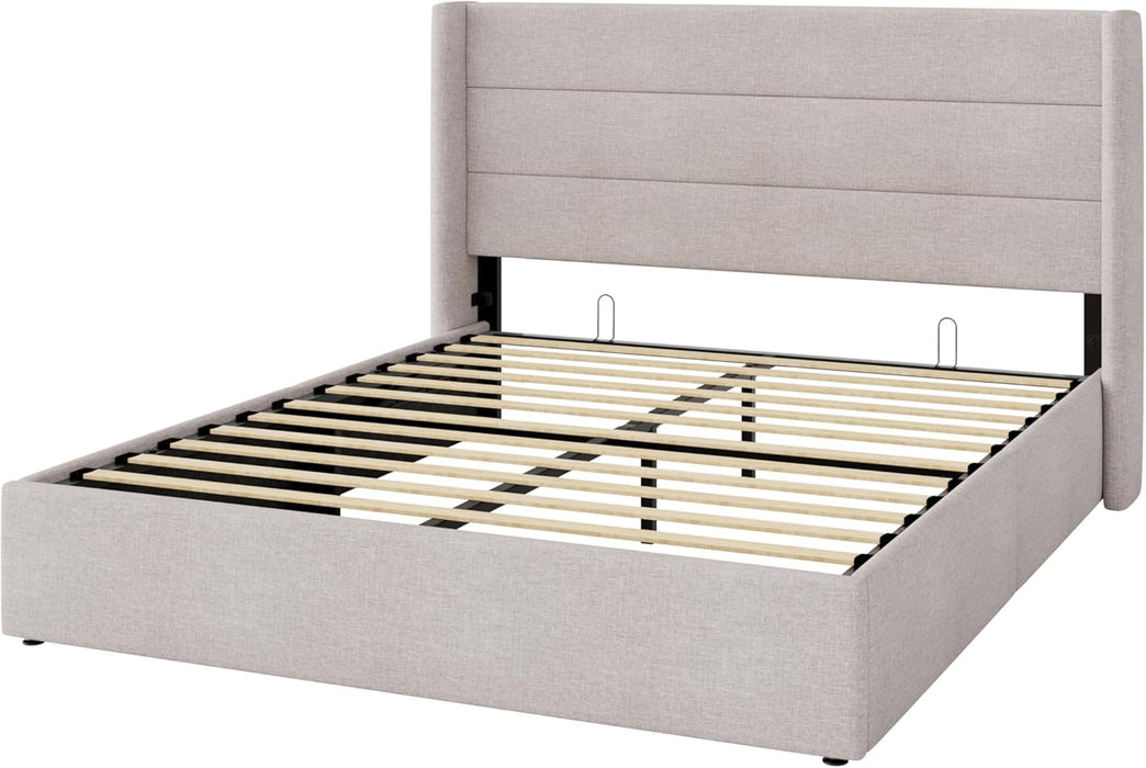 Full Size Lift up Storage Bed, Modern Wingback Headboard, Hydraulic Support, No Box Spring Needed, Light Beige