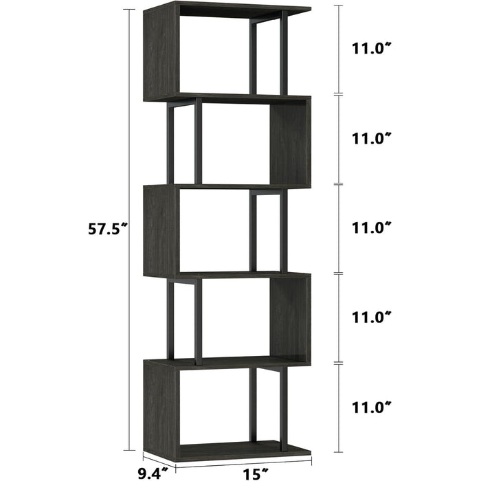 6 Tier Bookshelf Tall Geometric Bookcase, S-Shaped Industrial Display Standing Shelf, Metal and Wood Decorative Storage Room Divider Shelves for Bedroom, Living Room, Office, Light Black Oak