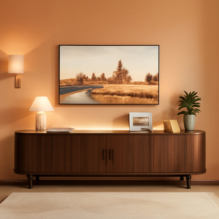 70" Mid Century Modern TV Stand with Sliding Doors, Wood Entertainment Center with Storage and Adjustable Shelves, Fluted Media TV Consoles for Living Room, Walnut