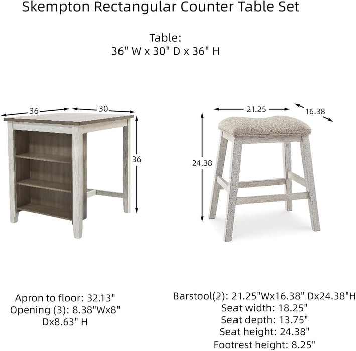 Skempton 3 Piece Counter Height Dining Set, Includes Table and 2 Barstools, Whitewash