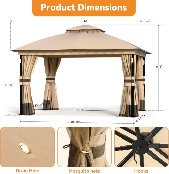 Patio Gazebo 10x12 Khaki Weatherproof Aluminum Frame