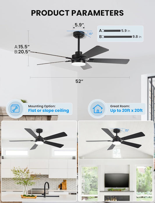 52 Inch Ceiling Fan with Lights and Remote, Downrod Mount, Sloped Ceiling Compatible up to 15°, Quiet Reversible DC Motor, 3CCT Dimmable LED, Black Ceiling Fan for Bedroom Living Room
