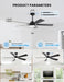 52 Inch Ceiling Fan with Lights and Remote, Downrod Mount, Sloped Ceiling Compatible up to 15°, Quiet Reversible DC Motor, 3CCT Dimmable LED, Black Ceiling Fan for Bedroom Living Room