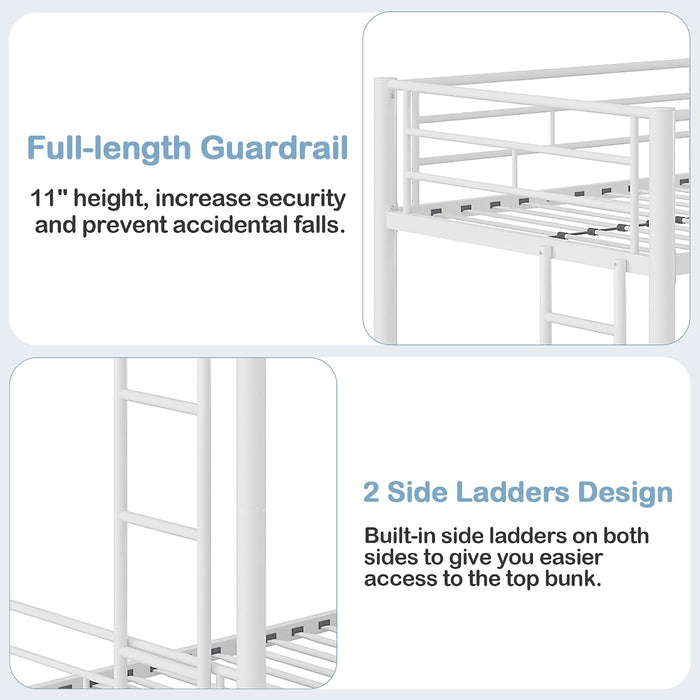 Bunk Bed Twin over Twin with Trundle, Metal Bunkbeds with Ladder and Full-Length Guardrail, No Box Spring Needed, Space Saving, Noise Free, White