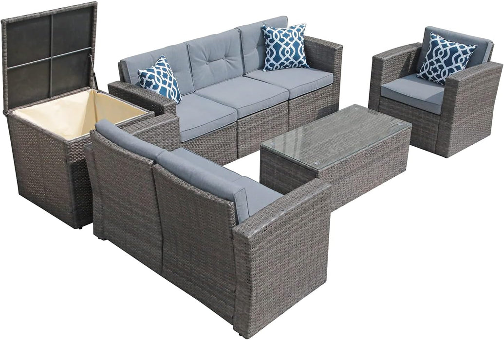 8 Pieces Outdoor Patio Furniture Set, Wicker Patio Conversation Sets with Storage Box, Rattan Outdoor Sectional Sofa Set with Cushions and Coffee Table for outside Porch, Deck, Gray