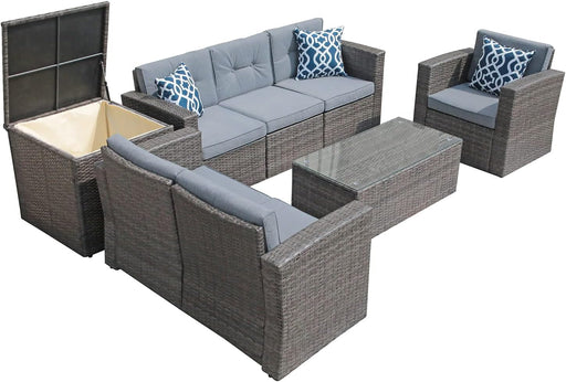 8 Pieces Outdoor Patio Furniture Set, Wicker Patio Conversation Sets with Storage Box, Rattan Outdoor Sectional Sofa Set with Cushions and Coffee Table for outside Porch, Deck, Gray