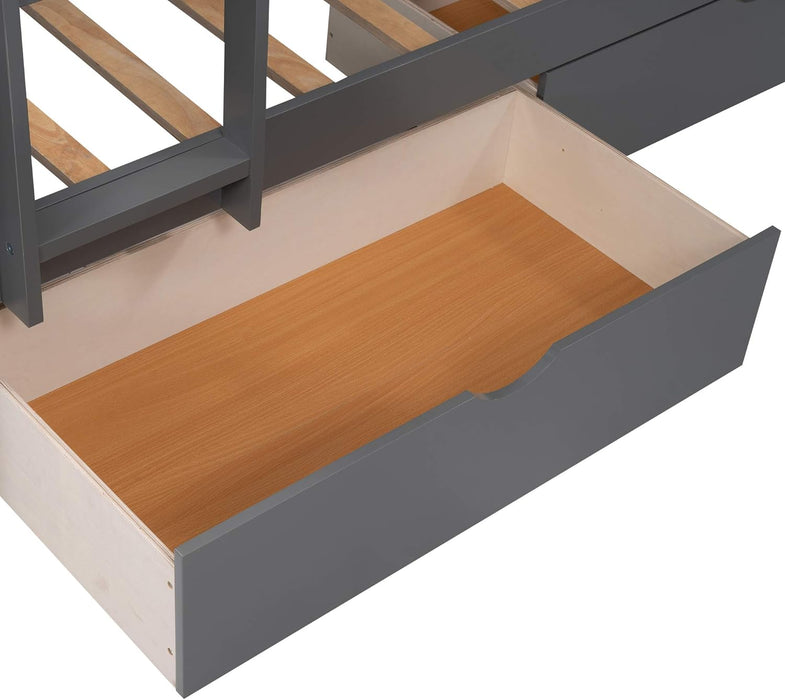 Triple Bunk Bed for Kids L Shaped Bunk Bed Solid Wood Twin over Twin over Twin Bed with 2 Drawers and 2 Ladders, No Box Spring Needed, Gray