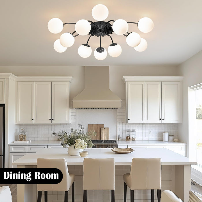 12-Light Milk Glass Pendant Light, 33" Sputnik Bubble Glass Chandelier Light Fixture, Hand Blown Semi Flush Mount Ceiling Chandeliers Lighting for Dining Room, Living Room (Black, 12-Light Ceiling)