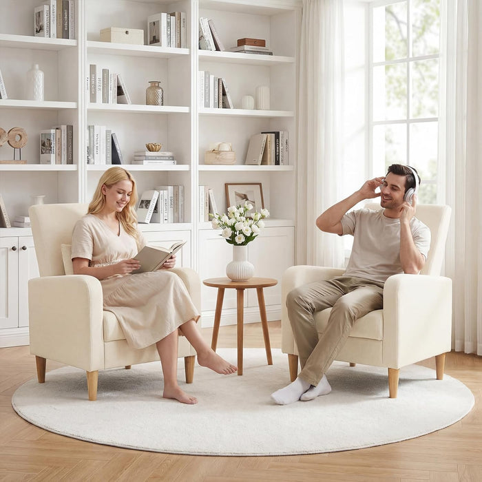 Beige Upholstered Accent Chair Featuring Lumbar Pillow