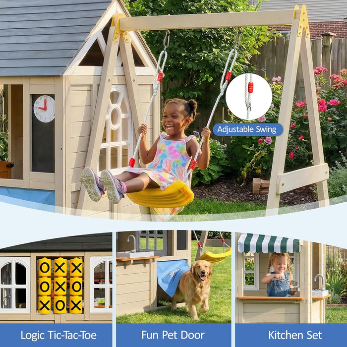 Natural Cedar Outdoor Playhouse With Swing TicTacToe