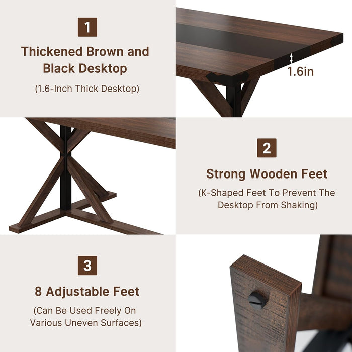 71" Farmhouse Dining Table for 5 6 8 People, Rectangular Kitchen Table W/Thickness Waterproof Wood Grain Tabletop (Brown, 71 X 35.4 X 30 In)