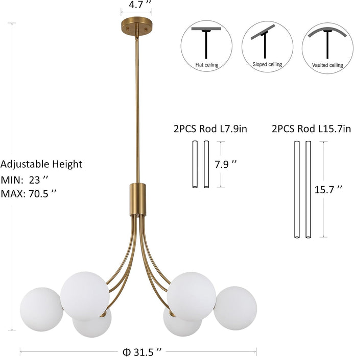 6-Light GoldGleam Sputnik Chandelier Milk White Shade
