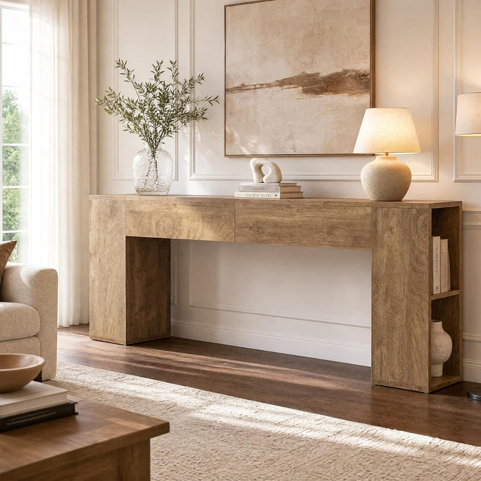 Extra Long Console Table, 79-Inch Entryway Table with 2 Drawers and Side Storage Shelves, Farmhouse behind Couch Table for Entrance, Hallway, Foyer, Living Room, Brown