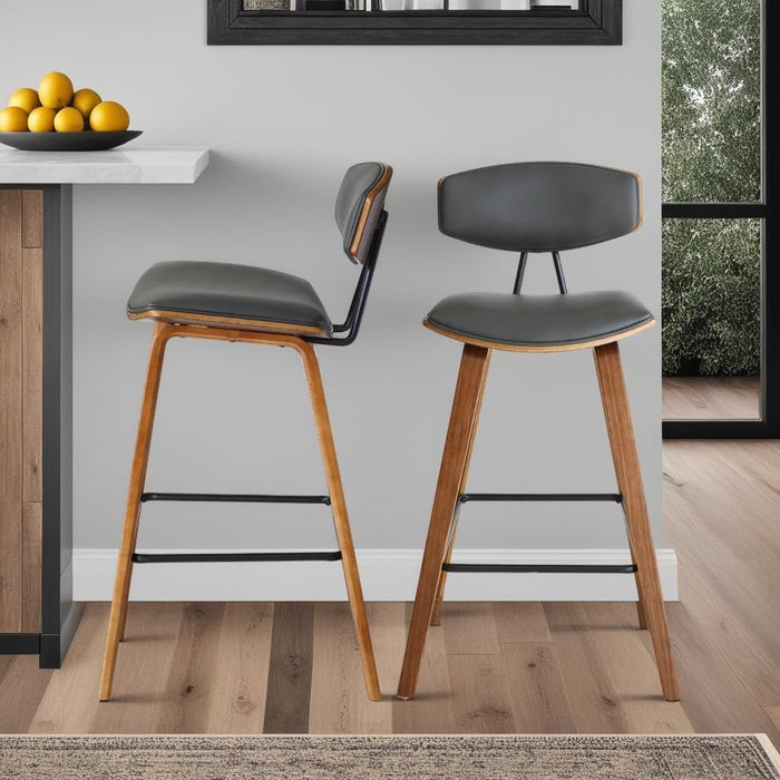 Fox 25.5" Counter Height Grey Faux Leather and Walnut Wood Mid - Century Modern Bar Stool - ShipItFurniture