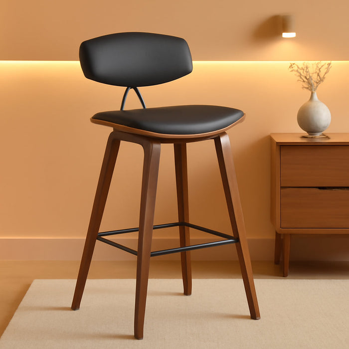 Fox 25.5" Counter Height Grey Faux Leather and Walnut Wood Mid - Century Modern Bar Stool - ShipItFurniture