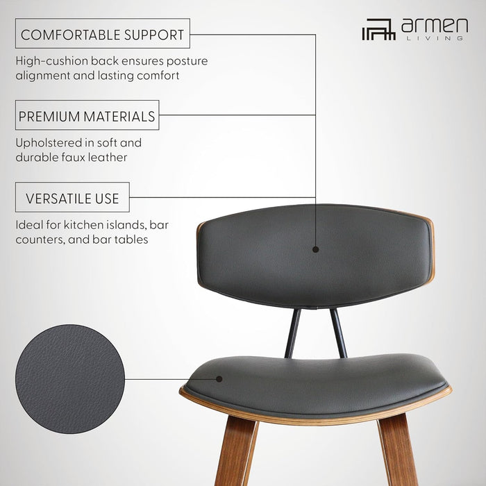 Fox 25.5" Counter Height Grey Faux Leather and Walnut Wood Mid - Century Modern Bar Stool - ShipItFurniture