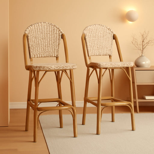 French Bar Stools Set of 2 Bamboo Print Finish Outdoor Bar Stools with Back Rattan 27'' Patio Bar Stool for Pool Garden Kitchen Outdoor Barstool, Orange Yellow - ShipItFurniture