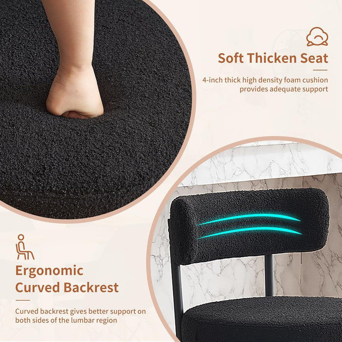 Furnilivng 24'' Bar Stools Set of 2, Modern Boucle Counter Height Bar Stools with Curved Back and Black Metal Frame, Upholstered Kitchen Stools, Barstools for Kitchen Island, Bar, Dining Room, Black - ShipItFurniture