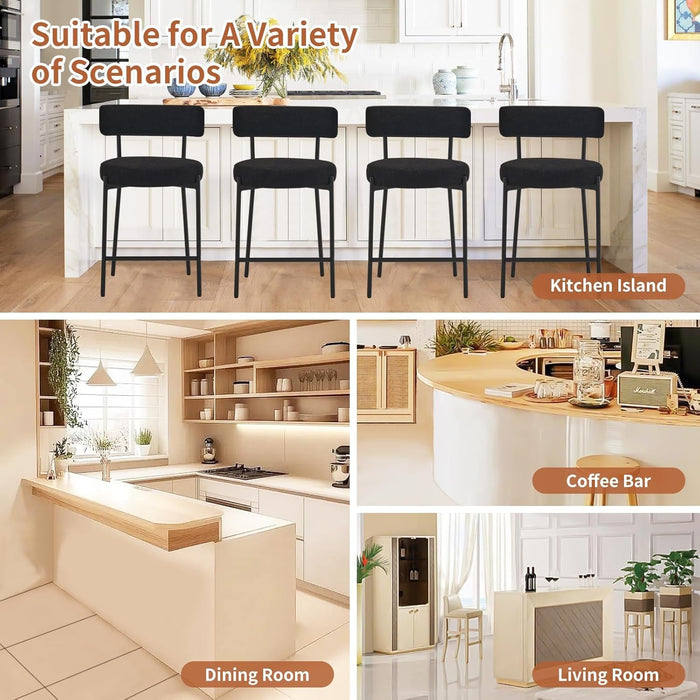 Furnilivng 24'' Bar Stools Set of 2, Modern Boucle Counter Height Bar Stools with Curved Back and Black Metal Frame, Upholstered Kitchen Stools, Barstools for Kitchen Island, Bar, Dining Room, Black - ShipItFurniture