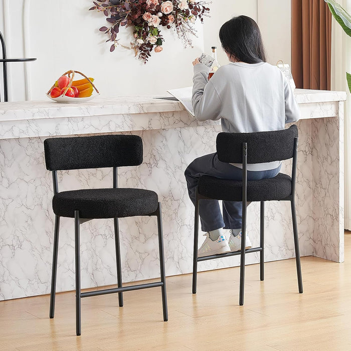 Furnilivng 24'' Bar Stools Set of 2, Modern Boucle Counter Height Bar Stools with Curved Back and Black Metal Frame, Upholstered Kitchen Stools, Barstools for Kitchen Island, Bar, Dining Room, Black - ShipItFurniture