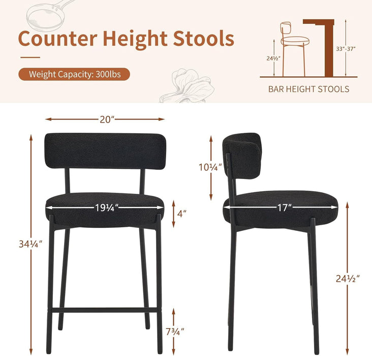 Furnilivng 24'' Bar Stools Set of 2, Modern Boucle Counter Height Bar Stools with Curved Back and Black Metal Frame, Upholstered Kitchen Stools, Barstools for Kitchen Island, Bar, Dining Room, Black - ShipItFurniture