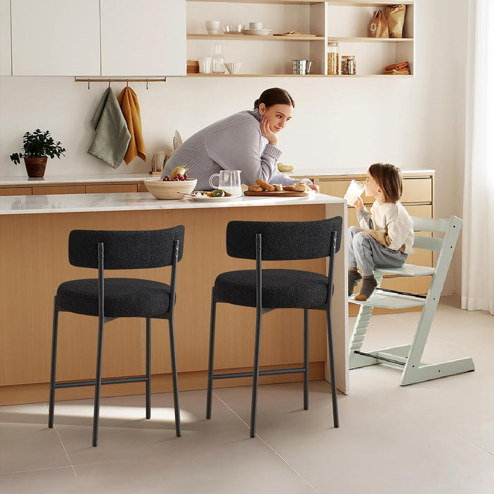 Furnilivng 24'' Bar Stools Set of 2, Modern Boucle Counter Height Bar Stools with Curved Back and Black Metal Frame, Upholstered Kitchen Stools, Barstools for Kitchen Island, Bar, Dining Room, Black - ShipItFurniture